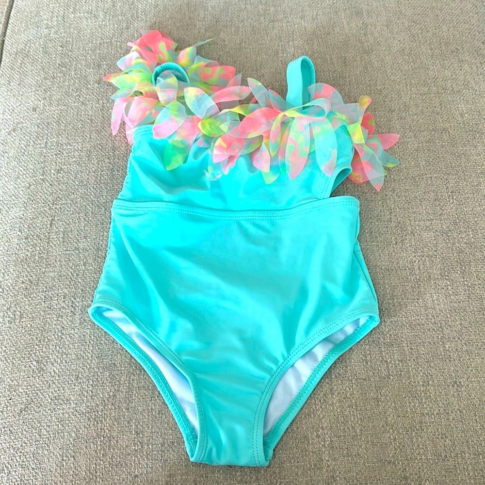 Nicole Miller Swimsuit Girls 5 Turquoise Blue 3D Floral Petal Cutout One Piece